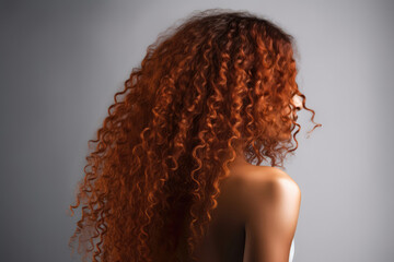 Long Auburn Afro Curls , Rear View On White Background. Generative AI - obrazy, fototapety, plakaty