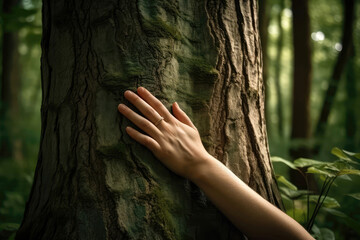 Hand Hugging The Broad Trunk Of Tree With Green Vegetation In The Woods. Generative AI