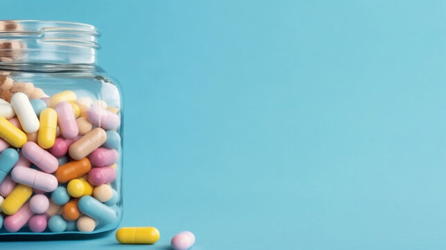 Close up image of glass medicine jar full of capsule pills isolated on blue background with copy space, healthcare concept.