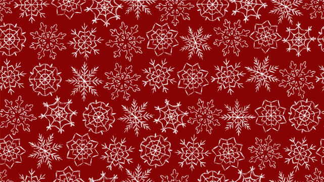 Chalk  snowflakes pattern.Children drawing crayon style snowflake print.Hand drawn wax crayons art on red backdrop.New year and Merry Christmas snowflakes.Color pastel crayons freehand drawn snowflake