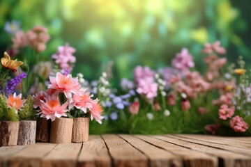 Wooden Podium Tabletop Blurs The Tranquil Garden With Blooming Flowers Backdrop, Empty Display Case For A Cosmetic Or Food Product.. Generative AI