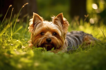 Yorkshire Terrier Dog Lies In The Beautiful Grass. Generative AI - obrazy, fototapety, plakaty