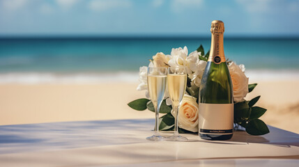 A bottle of champagne and a bouquet of flowers on a table, a tropical island in the background of the sea. Generative AI.