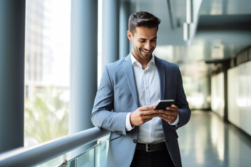 Fototapeta premium Male professional holding a mobile phone in an office. Generative AI.