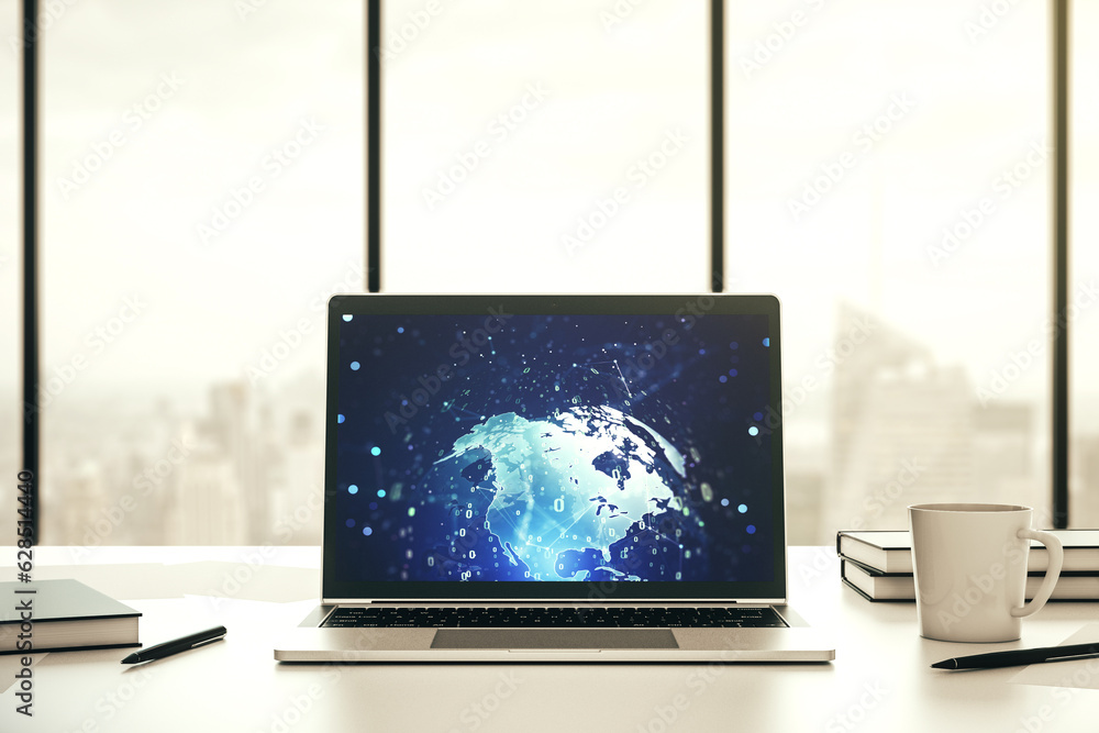 Fototapete modern computer screen with abstract graphic coding sketch and world map, big data and networking co