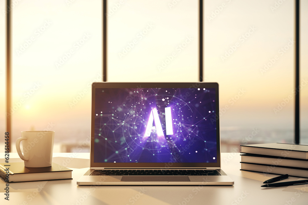 Poster creative artificial intelligence symbol concept on modern laptop screen. 3d rendering