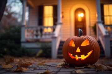 Obraz premium Halloween pumpkins in front of a house at night, Halloween background.Generative Ai