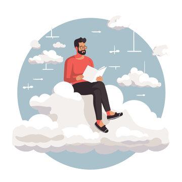 man on cloud reading book vector flat isolated illustration
