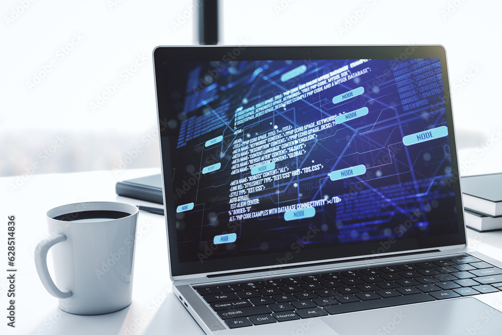 Poster abstract creative coding concept on modern laptop screen. 3d rendering