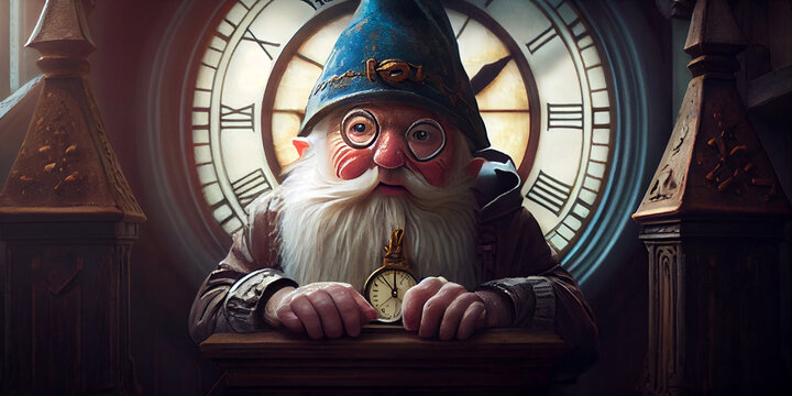 Magical old gnome watchmaker on the background of the dial of an old tower clock, close-up. Generative AI