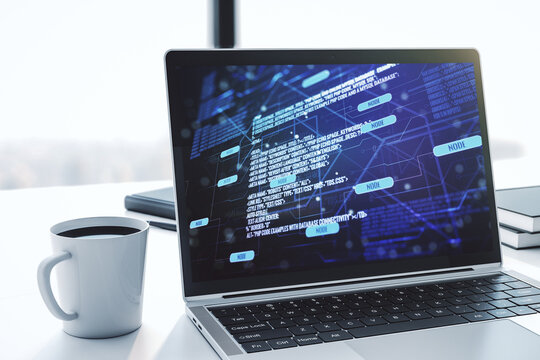 Abstract creative coding concept on modern laptop screen. 3D Rendering