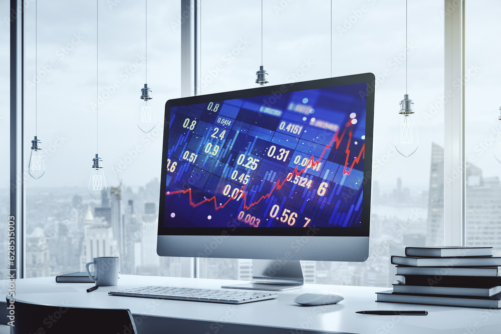 Poster modern computer display with abstract financial graph, financial and trading concept. 3d rendering