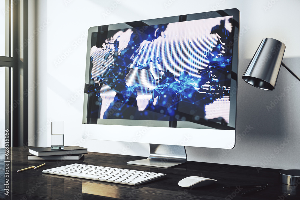 Poster computer monitor with abstract creative digital world map, globalization concept. 3d rendering