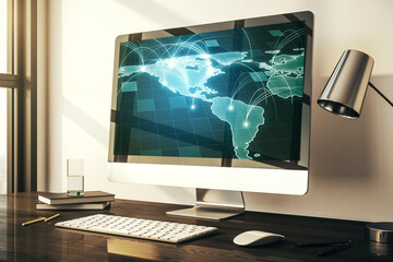 Abstract digital world map with connections on modern computer monitor, big data and blockchain concept. 3D Rendering