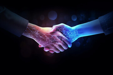 Futuristic digital handshake. The concept of partnership, collaboration, or teamwork.