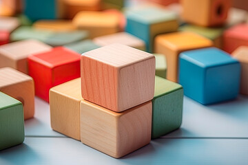 Colorful wooden toy blocks on wooden table in the Children's room.