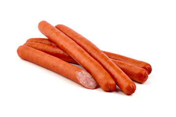 Smoked Hot dog sausages, isolated on white background. High resolution image.