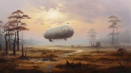 Naklejka premium vintage aerostat flies over a swamp landscape mysterious lost island fantasy world.