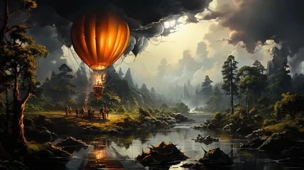 Tuinposter vintage aerostat flies over a swamp landscape mysterious lost island fantasy world. © kichigin19