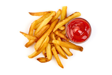 Deep Fried French fries, potato fry, close-up, isolated on white background.