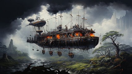 vintage aerostat flies over a swamp landscape mysterious lost island fantasy world. - obrazy, fototapety, plakaty