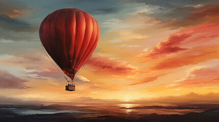 Obraz premium the balloon is flying against the background of the sunset sky landscape travel freedom adventure oil paints.