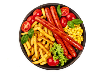 BBQ Roasted pork sausages with french fries, close-up, isolated on white background.