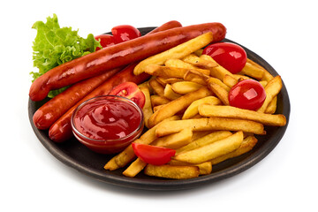 BBQ Roasted pork sausages with french fries, close-up, isolated on white background.