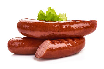 German traditional grilled sausages, close-up, isolated on white background.