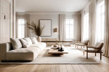 White sofa and armchairs in scandinavian style home interior design of modern living room.