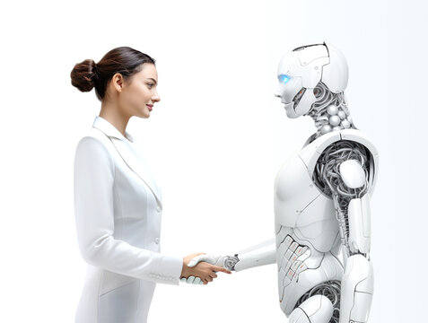 Beautiful young business woman shaking hand with AI humanoid robot  human interacting with AI or artificial intelligence. Generative AI Illustration