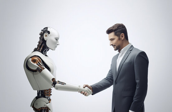 Business man shaking hand with AI humanoid robot , human interacting with AI or artificial intelligence. Generative AI Illustration