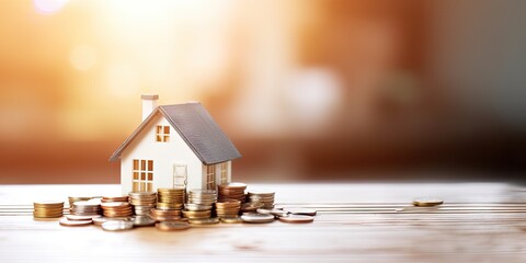 Business and investment growth concept with model house and coin in blur background