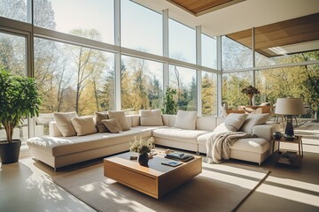 Fototapeta na wymiar Beautiful and large living room interior with hardwood floors, fluffy rug and designer furniture,Generative AI