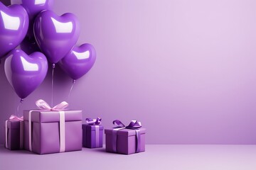 Purple gift boxes with ribbons and heart shaped balloons on purple background. Birthday...