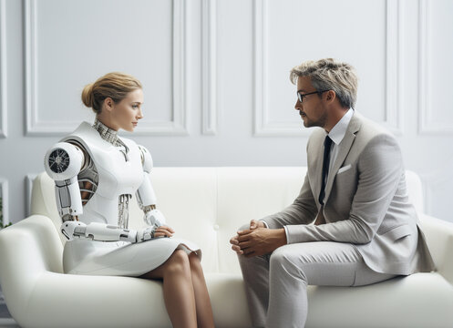 Senior man in suit  talking, consulting and discussion with Cyborg woman in the white room. Concept of Human living working with robot and future normal life. Generative AI illustration
