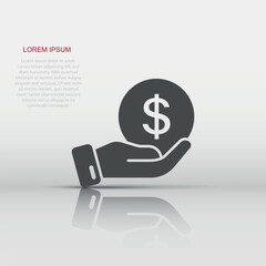 Remuneration icon in flat style. Money in hand vector illustration on white isolated background. Coin  payroll business concept.