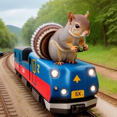 a squirrel driving a train