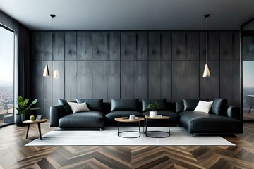Black minimalist living room interior with sofa on a wooden floor, decor on a large wall, black landscape in window. Home Nordic interior. Scandinavian interior poster mock up