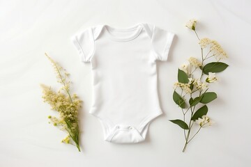 Mockup of white baby bodysuit on white background with greenery decorations. Blank baby clothes template, flat lay. White empty baby body suit mock up.