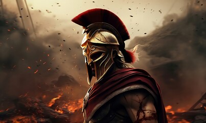 Spartan soldier illustration with helmet. Generative AI - obrazy, fototapety, plakaty