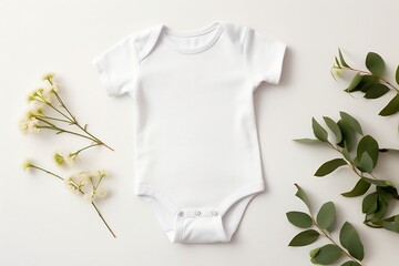 Mockup of white baby bodysuit on white background with greenery decorations. Blank baby clothes template, flat lay. White empty baby body suit mock up.