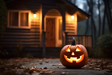 Fototapeta premium Halloween pumpkins in front of a house at night, Halloween background.Generative Ai
