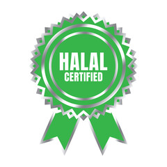 Halal certified badge design vector, Halal food product stamp, Authorized halal food and drink  ribbon stamp label