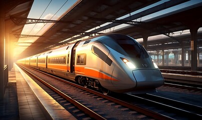 Obraz na płótnie Canvas Modern high speed commuter train on the railway station. Generative AI