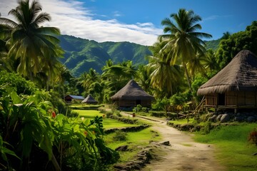 Fototapeta na wymiar A remote tropical village featuring thatched houses, reflecting the traditional architecture and simplistic way of life in the tropics