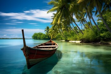 Naklejka na ściany i meble A traditional fishing boat anchored in a serene tropical lagoon, painting a picture of simple living in the tropics