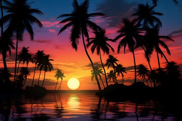 A breathtaking tropical sunset, with the silhouette of palm trees against the vibrant colors of the twilight sky