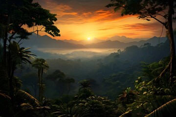 A mesmerizing sunset casting its warm glow over a dense tropical rainforest, encapsulating the serene end of a day in the tropics