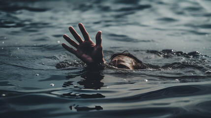 Man Sinking in Water, Raising Hand for Help - Urging Water Safety Awareness, Drowning Emergency